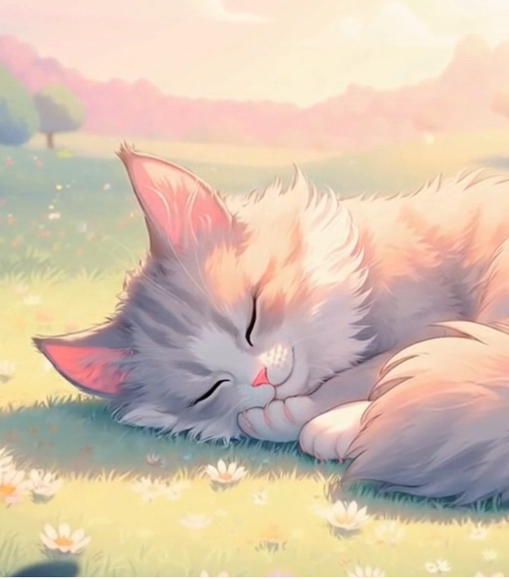 A fluffy Norwegian forest cat named Daisy, sleeping peacefully in a soft, glowing meadow.